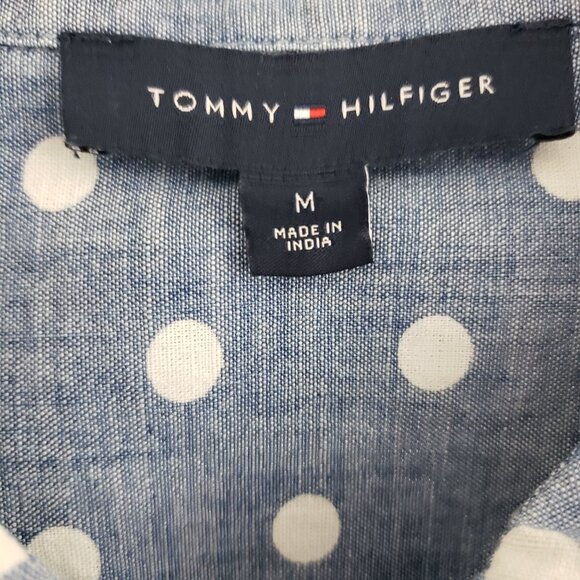 Tommy Hilfiger Button-Down Shirt NWOT MEDIUM Blue Polka Dot Roll-Tab Sleeves - Picture 7 of 8